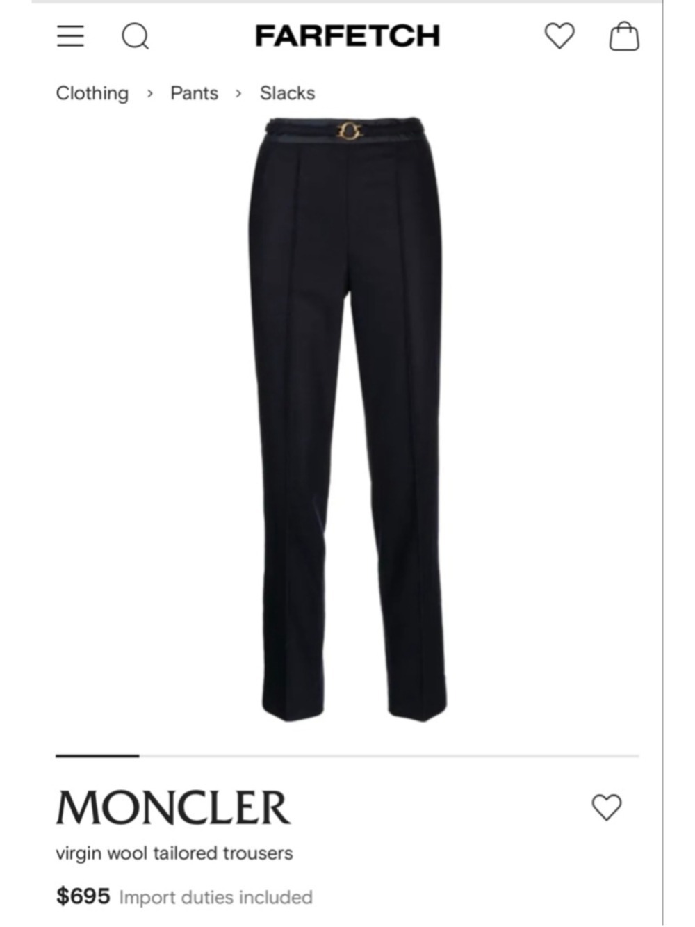NWT Women's Moncler Navy Virgin Wool Tailored Trousers with Gold Buckle 44/8